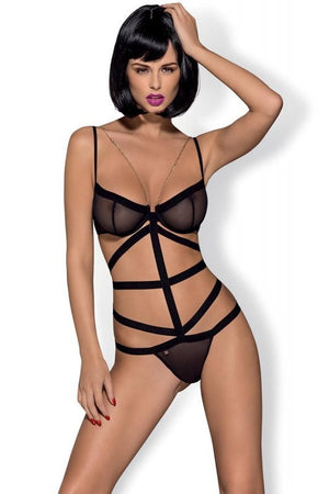 Body Bondy Teddy - lenjerie fină cu decupaje și cupe transparente S/M, negru