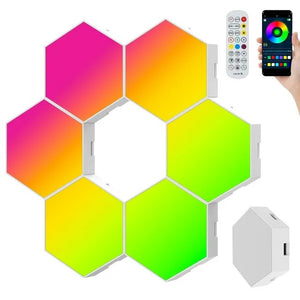 Lampă LED modulara de perete - set 6 panouri hexagon inteligente RGB, Wi-Fi, Bluetooth, sincronizare muzicala, compatibil IOS/Android, joc de lumini, telecomanda, dimmer, timer, multicolor
