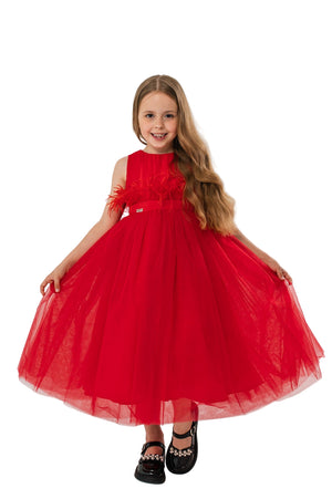 JASMINE – Rochita de ocazie din tulle fin cu saten si drapaje cu funda decorativa, rosu