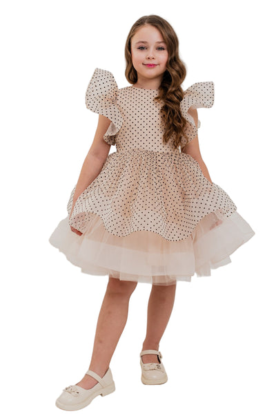 CELESTE - Rochita de ocazie din organza cu buline si tulle fin cu crinolina, bej