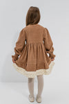 AYSEL – Rochie din catifea reiat cu model in clos, detalii florale si aplicatii din dantela vintage, beige
