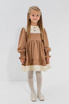 AYSEL – Rochie din catifea reiat cu model in clos, detalii florale si aplicatii din dantela vintage, beige