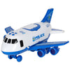 Avion transportor de poliție cu parcare, lumini și sunete pentru copii – set cu 3 mașinuțe și indicatoare rutiere