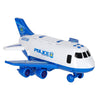 Avion transportor de poliție cu parcare, lumini și sunete pentru copii – set cu 3 mașinuțe și indicatoare rutiere