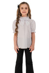 JULIA - Bluza eleganta din material fin cu maneca scurta, guler si funda chic, alb