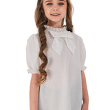 JULIA - Bluza eleganta din material fin cu maneca scurta, guler si funda chic, ivory