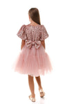 BLYTHE - Rochita de ocazie din catifea cu paiete, tulle fin si fundite decorative, roz