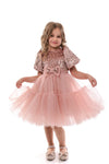 BLYTHE - Rochita de ocazie din catifea cu paiete, tulle fin si fundite decorative, roz