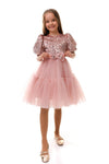BLYTHE - Rochita de ocazie din catifea cu paiete, tulle fin si fundite decorative, roz