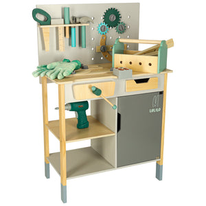 Banc de lucru cu unelte și bormașină de jucărie cu sunete - Atelier de bricolaj pentru copii, din lemn, 86 cm