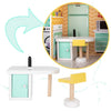 Casa de papusi cu 3 etaje, lift functional, 4 camere cu mobilier complet si accesorii, 117 cm, lemn MDF pastel