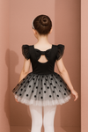 Costum de balet, gimnastica sau dans pentru fete: set body bumbac si fusta tutu cu buline