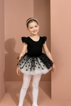 Costum de balet, gimnastica sau dans pentru fete: set body bumbac si fusta tutu cu buline