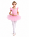 Costum de balet, gimnastica sau dans pentru fete: set body bumbac si fusta tutu roz cu aplicatii stralucitoare