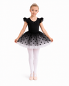 Costum de balet, gimnastica sau dans pentru fete: set body bumbac si fusta tutu cu buline