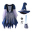 Rochie de vrăjitoare pentru fetițe, cu pălărie, baghetă și gentuță – costum cu steluțe pentru Halloween și petreceri tematice