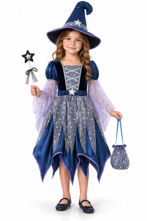 Rochie de vrăjitoare pentru fetițe, cu pălărie, baghetă și gentuță – costum cu steluțe pentru Halloween și petreceri tematice