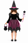 Rochie de vrăjitoare pentru fetițe, cu pălărie, baghetă și gentuță – costum tematic pentru Halloween și joc de rol