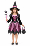Rochie de vrăjitoare pentru fetițe, cu pălărie, baghetă și gentuță – costum tematic pentru Halloween și joc de rol