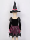 Rochie de vrăjitoare pentru fetițe, cu pălărie, baghetă și gentuță – costum tematic pentru Halloween și joc de rol