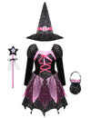 Rochie de vrăjitoare pentru fetițe, cu pălărie, baghetă și gentuță – costum tematic pentru Halloween și joc de rol