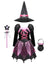 Rochie de vrăjitoare pentru fetițe, cu pălărie, baghetă și gentuță – costum tematic pentru Halloween și joc de rol