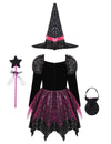 Rochie de vrăjitoare pentru fetițe, cu pălărie, baghetă și gentuță – costum tematic pentru Halloween și joc de rol