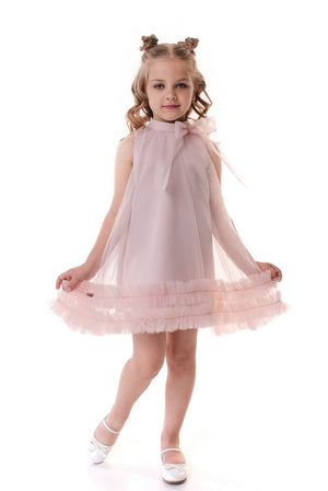 PORTIA - Rochie eleganta din voal si tulle fin cu funda decorativa la guler, roz