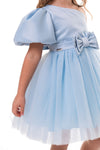 ROVENA - Rochie de ocazie din saten cu tulle fin si model asimetric pe un umar, bleu
