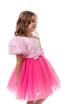 ROVENA - Rochie de ocazie din saten cu tulle fin si model asimetric pe un umar, roz