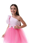 ROVENA - Rochie de ocazie din saten cu tulle fin si model asimetric pe un umar, roz