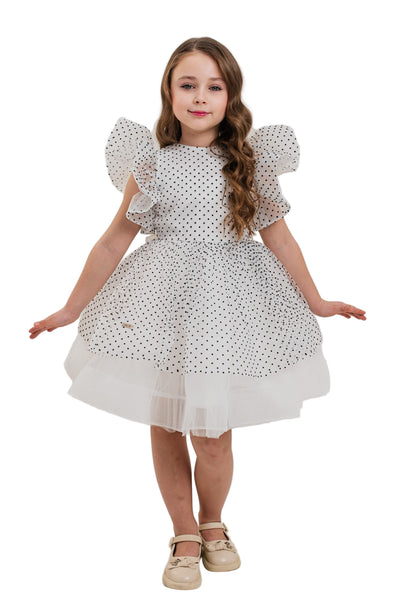 CELESTE - Rochita de ocazie din organza cu buline si tulle fin cu crinolina, alb