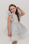 CELESTE - Rochita de ocazie din organza cu buline si tulle fin cu crinolina, alb