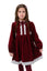 EMILIA – Rochie din catifea reiat cu model in clos, aplicatii din dantela si fundita decorativa, rosu bordo