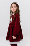 EMILIA – Rochie din catifea reiat cu model in clos, aplicatii din dantela si fundita decorativa, rosu bordo