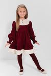 AYSEL – Rochie din catifea reiat cu model in clos, detalii florale si aplicatii din dantela vintage, rosu bordo