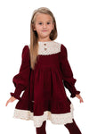 AYSEL – Rochie din catifea reiat cu model in clos, detalii florale si aplicatii din dantela vintage, rosu bordo