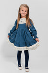 AYSEL – Rochie din catifea reiat cu model in clos, detalii florale si aplicatii din dantela vintage, albastru