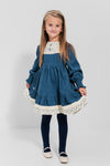 AYSEL – Rochie din catifea reiat cu model in clos, detalii florale si aplicatii din dantela vintage, albastru