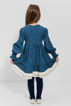 AYSEL – Rochie din catifea reiat cu model in clos, detalii florale si aplicatii din dantela vintage, albastru