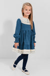AYSEL – Rochie din catifea reiat cu model in clos, detalii florale si aplicatii din dantela vintage, albastru