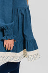 AYSEL – Rochie din catifea reiat cu model in clos, detalii florale si aplicatii din dantela vintage, albastru