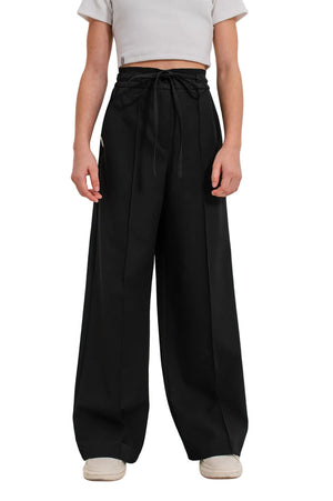 DAPHNE – Pantaloni evazați lungi din stofă cu talie înaltă, buzunare și dunga, negru
