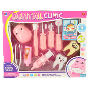 Set dentist pentru copii cu hipopotam și accesorii educative, roz