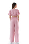 FIANNA - Compleu din material vaporos, set bluza crop si pantaloni largi, roz