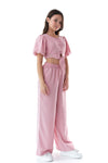 FIANNA - Compleu din material vaporos, set bluza crop si pantaloni largi, roz