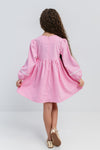 HELEN - Rochie din catifea reiat cu model in clos si maneca lunga, roz