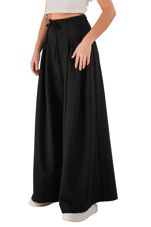 LESLIE - Pantaloni lungi cu pliuri din stofă cu talie înaltă și croiala Palazzo, negru
