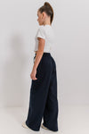 DAPHNE – Pantaloni evazati lungi din stofa cu talie inalta, buzunare si dunga, bleumarin