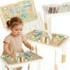 Masuta interactiva din lemn cu activitati Montesori educative si senzoriale pentru copii: puzzle, xilofon, rulmenti, abac, forme, culori